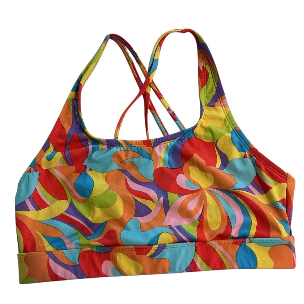 Humankind swim top bikini strappy back high neck red yellow orange Medium
